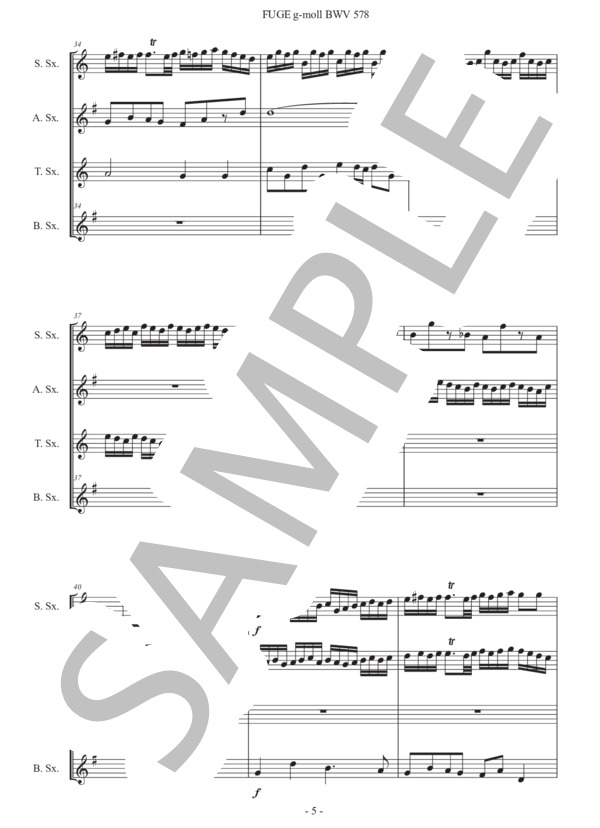 バッハ「小フーガ ト短調 BWV 578」サックス四重奏版 (ヨハン・セバスチャン・バッハ) / アルトサックス 初〜中級 - サンプル譜面 5/5