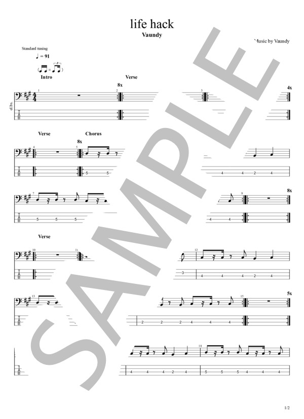 楽譜】life hack / Vaundy (エレキベース / 入門〜初級) - Piascore