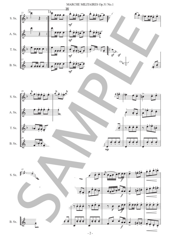 シューベルト「軍隊行進曲第1番」サックス四重奏版 (フランツ・シューベルト) / アルトサックス 初〜中級 - サンプル譜面 2/5