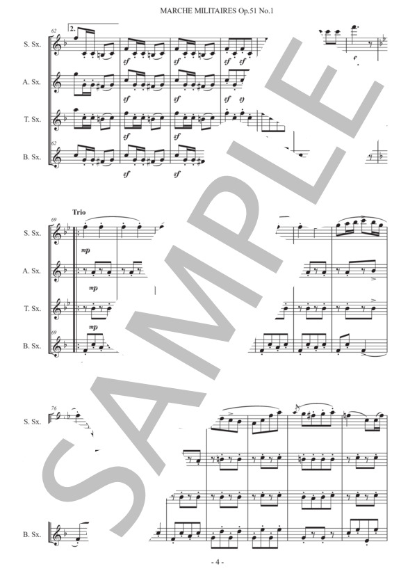 シューベルト「軍隊行進曲第1番」サックス四重奏版 (フランツ・シューベルト) / アルトサックス 初〜中級 - サンプル譜面 4/5