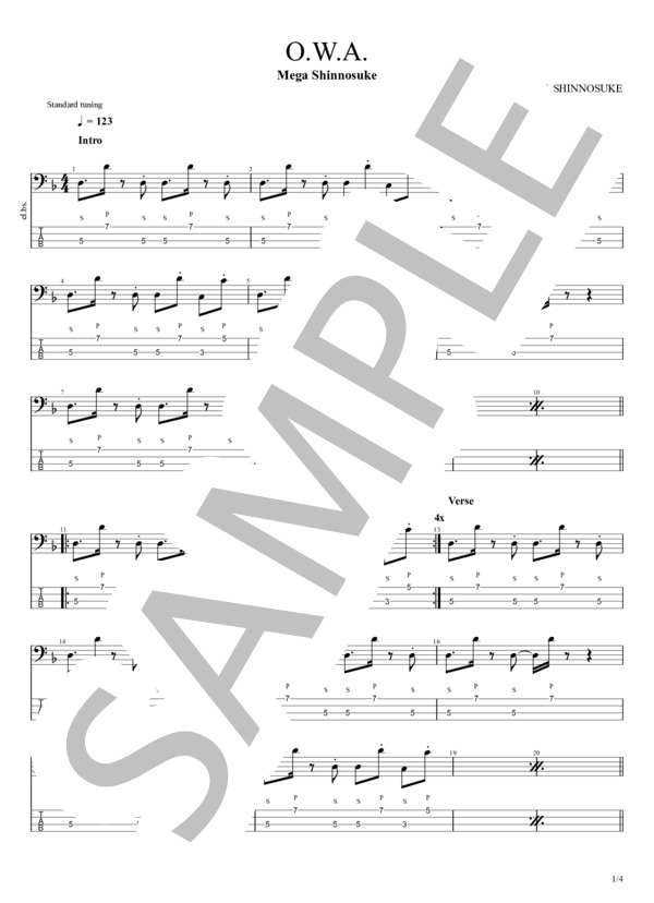 O.W.A. (Mega Shinnosuke) / エレキベース 中級 - サンプル譜面 1/4