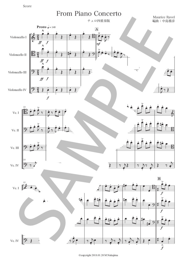 ラヴェル「ピアノ協奏曲ト長調から」チェロ四重奏版 (モーリス・ラヴェル) / 初〜中級 - サンプル譜面 1/5
