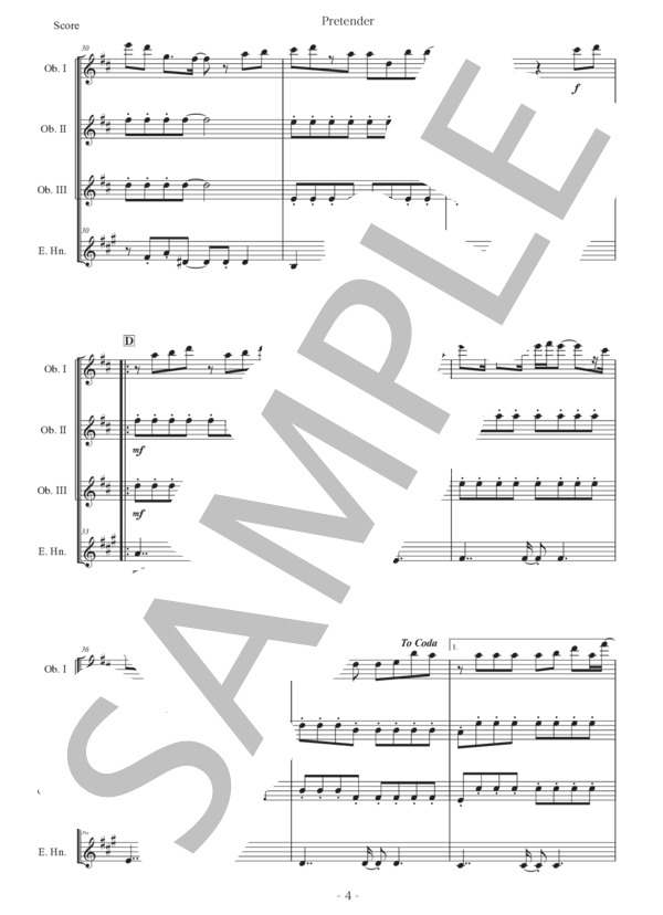 藤原聡「Pretender」オーボエ四重奏版 (Official髭男dism) / 初〜中級 - サンプル譜面 4/5