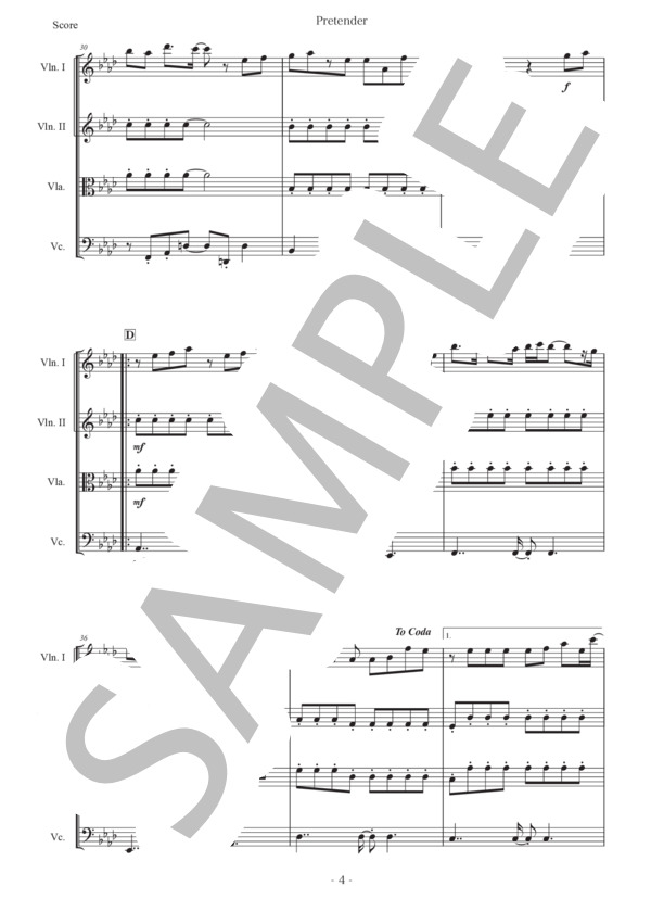 藤原聡「Pretender」弦楽四重奏版 (Official髭男dism) / 初〜中級 - サンプル譜面 4/5