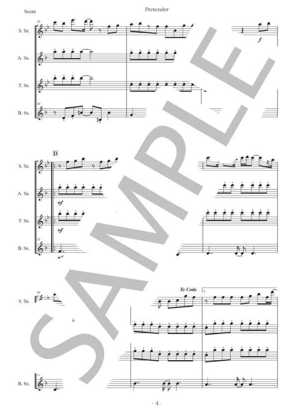 藤原聡「Pretender」サックス四重奏版 (Official髭男dism) / アルトサックス 初〜中級 - サンプル譜面 4/5