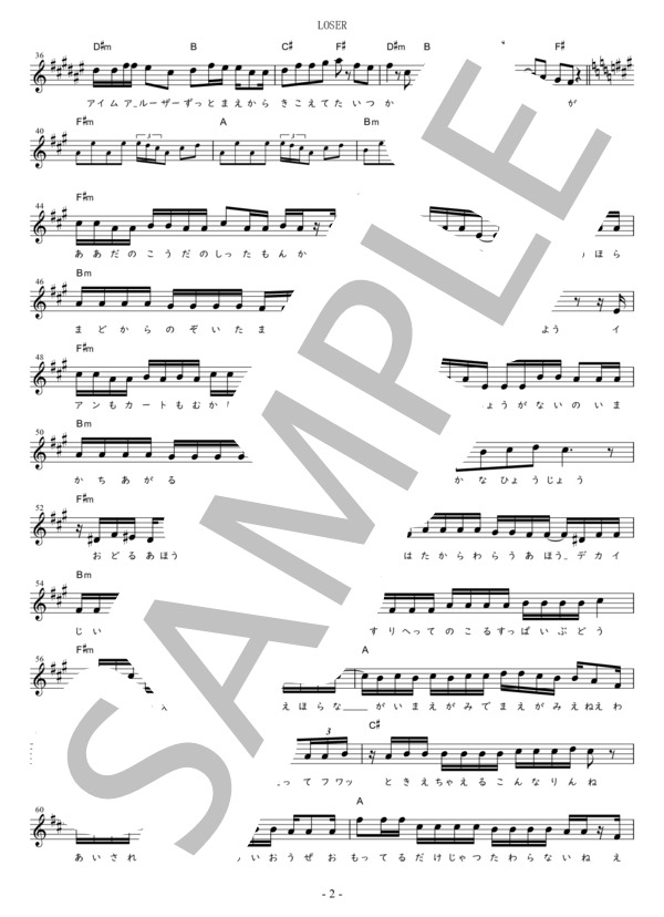 LOSER C調用 in F#mF#F#m (米津 玄師) / メロディ 初〜中級 - サンプル譜面 2/4