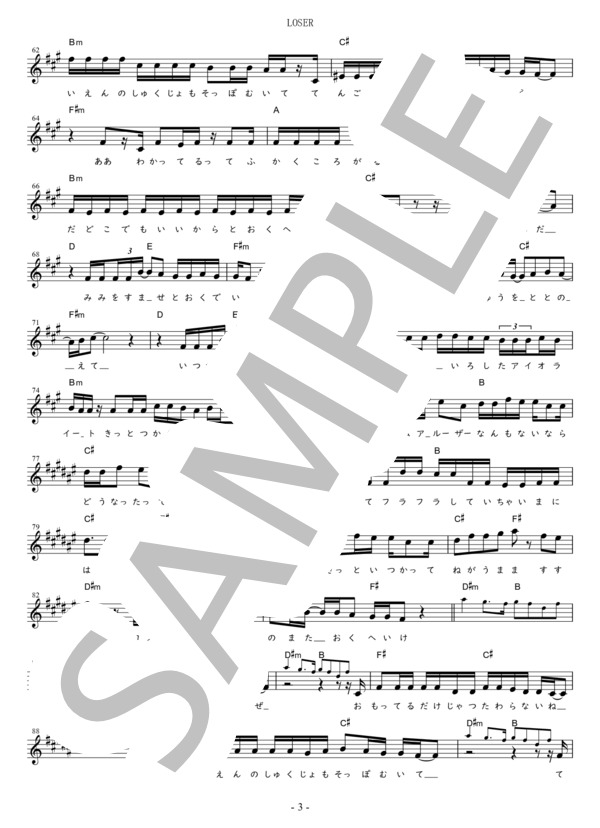 LOSER C調用 in F#mF#F#m (米津 玄師) / メロディ 初〜中級 - サンプル譜面 3/4