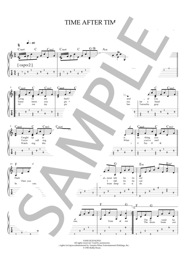 【初～中級】TIME AFTER TIME  /  Eva Cassidy ギター弾き語りTAB譜 (シンディ・ローパー) / 初〜中級 - サンプル譜面 1/2