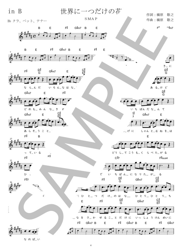 世界に一つだけの花 Bb調用 in B (SMAP) / メロディ 初〜中級 - サンプル譜面 1/2