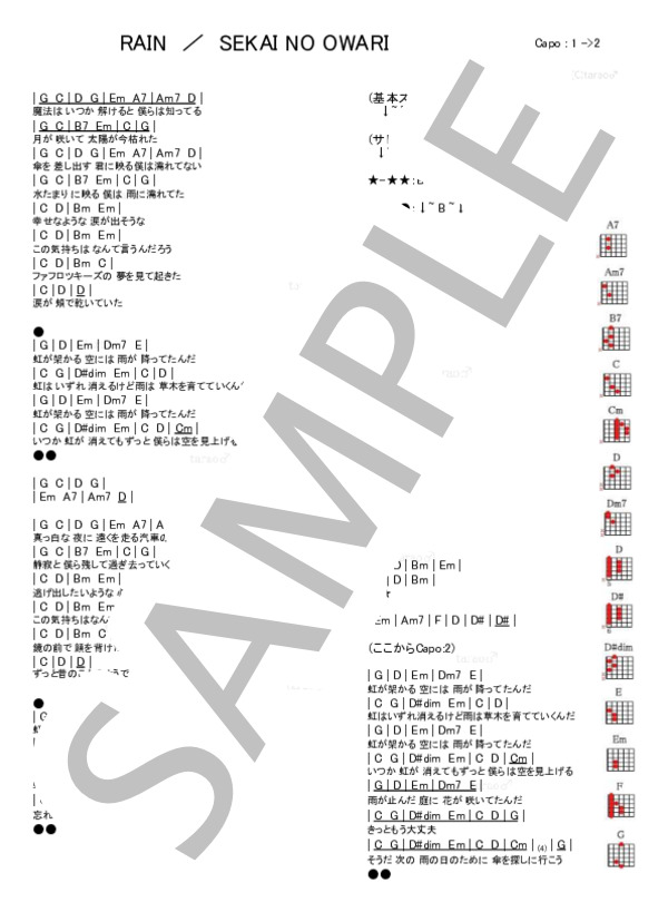 RAIN (SEKAI NO OWARI) / ギター弾き語り 初級 - サンプル譜面 1/1