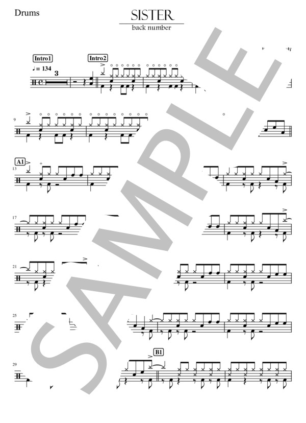 SISTER  /  back number / ドラム 初〜中級 - サンプル譜面 1/4