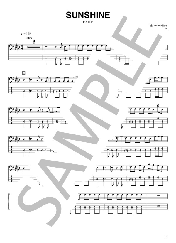 【SUNSHINE】EXILE『ベースTAB譜』☆4弦ベース対応 / エレキベース 中級 - サンプル譜面 1/5