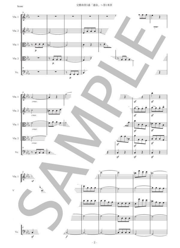 ベートーヴェン「交響曲第5番『運命』〜第1楽章」弦楽五重奏版 (ルートヴィヒ・ヴァン・ベートーヴェン) / アンサンブル弦楽 初〜中級 - サンプル譜面 2/5