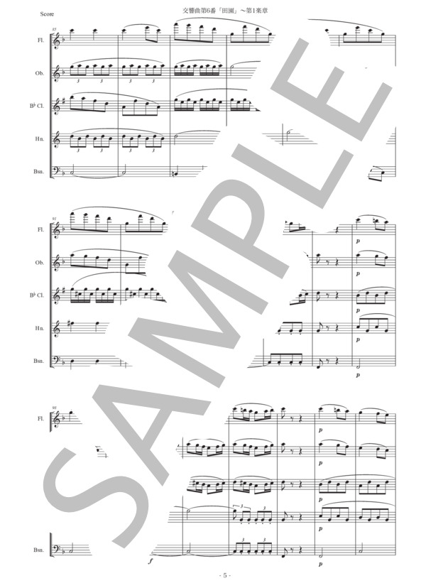 ベートーヴェン「交響曲第6番『田園』〜第1楽章」木管五重奏版 (ルートヴィヒ・ヴァン・ベートーヴェン) / アンサンブル木管 初〜中級 - サンプル譜面 5/5