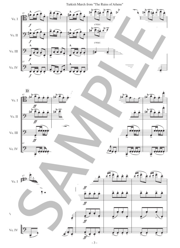 ベートーヴェン「トルコ行進曲」チェロ四重奏版 (ルートヴィヒ・ヴァン・ベートーヴェン) / 初〜中級 - サンプル譜面 3/5