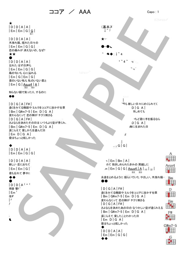 ココア (AAA) / ウクレレ弾き語り 初級 - サンプル譜面 1/1