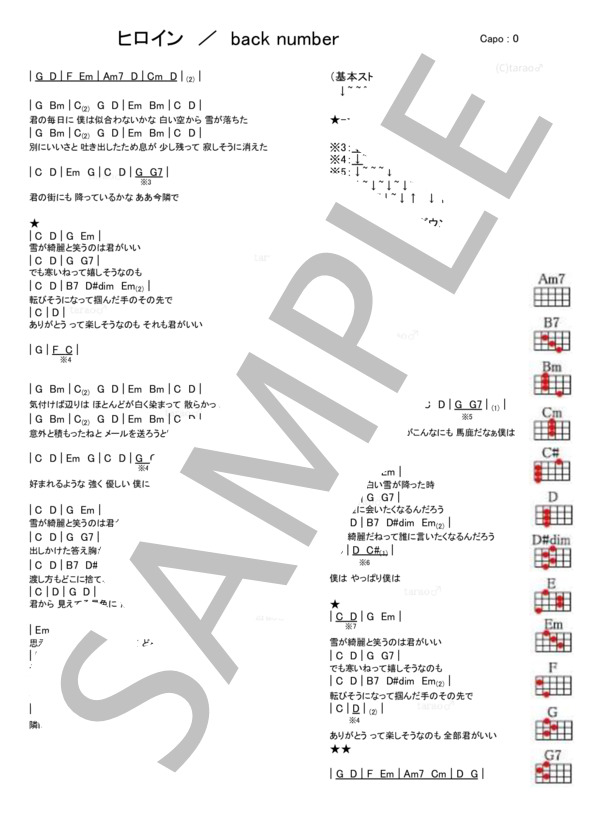 ヒロイン (back number) / ウクレレ弾き語り 初級 - サンプル譜面 1/1