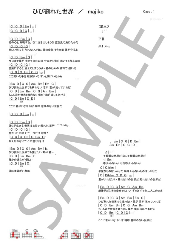 ひび割れた世界 (majiko) / ウクレレ弾き語り 初級 - サンプル譜面 1/1