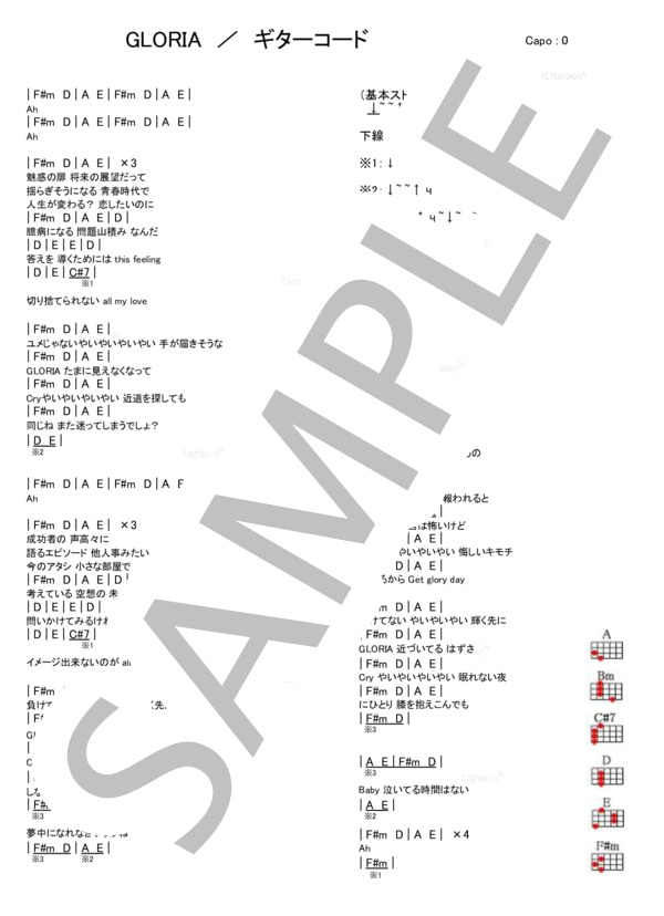 GLORIA (YUI) / ウクレレ弾き語り 初級 - サンプル譜面 1/1