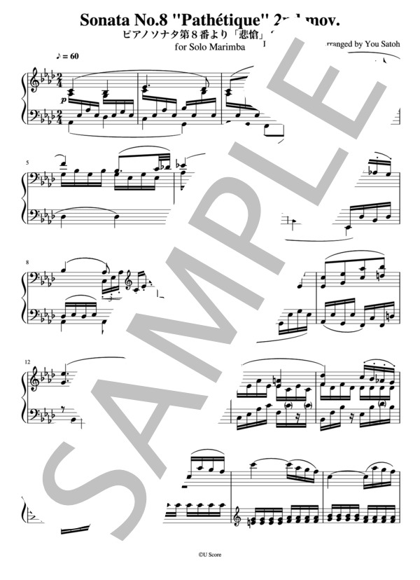ピアノソナタ第8番「悲愴」2楽章    /    無伴奏マリンバソロ用楽譜 (ルートヴィヒ・ヴァン・ベートーヴェン) / 中級 - サンプル譜面 1/4