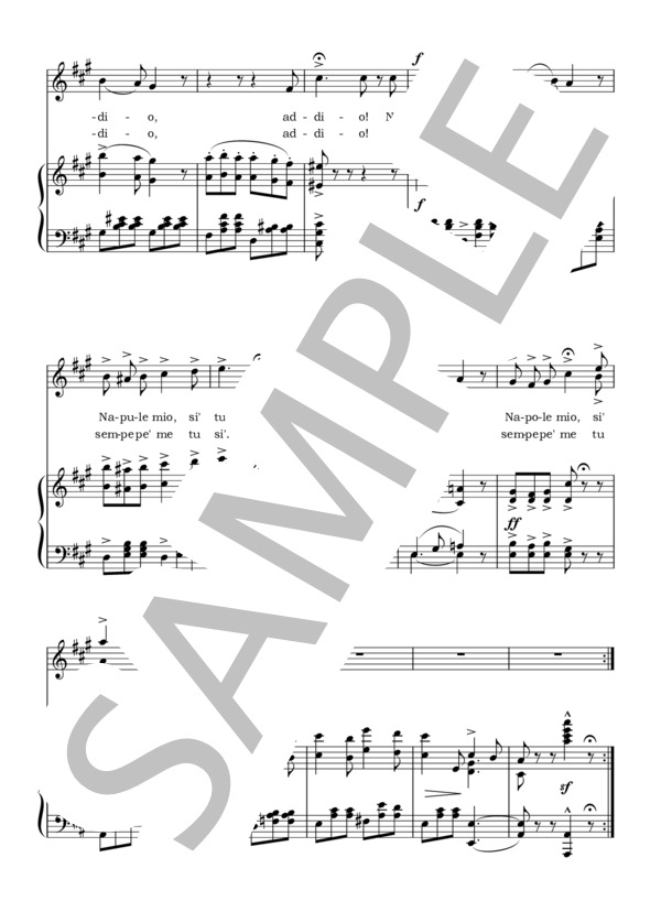 【ナポリ民謡楽譜】さらばナポリ Addio a Napule イ長調 / アンサンブルピアノ＋歌 その他 - サンプル譜面 2/2